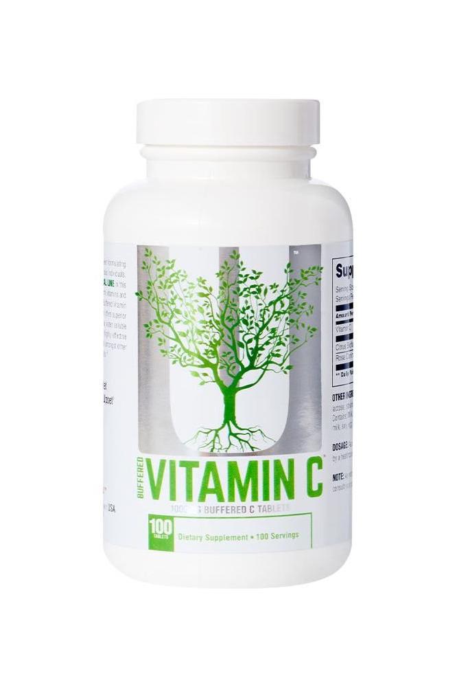 Universal Nutrition Buffered Vitamin C bottle with 100 tablets for immune support and antioxidant benefits.