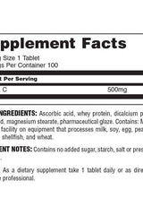 Supplement facts for Universal Nutrition Vitamin C Formula, showing 500mg of vitamin C per tablet and ingredients.