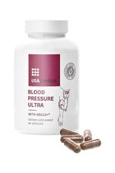 USA Medical Blood Pressure Ultra dietary supplement bottle and capsules for heart health and circulation.