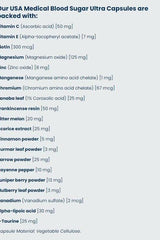 Ingredients list for USA Medical Blood Sugar Ultra Capsules including vitamins and natural extracts.