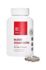 USA Medical Blood Sugar Ultra supplement bottle with 60 veggie capsules for blood sugar support.