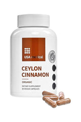 USA medical Ceylon Cinnamon dietary supplement bottle with 60 veggie capsules, organic Ceylon cinnamon.