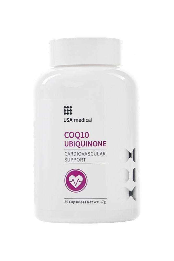 USA Medical CO-Q10 Ubiquinone supplement bottle for cardiovascular support, containing 30 capsules.