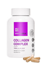 USA Medical Collagen Complex supplement bottle with capsules, featuring types I, II, III, V, and X.