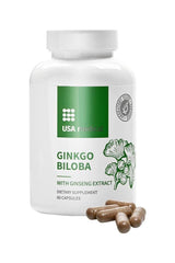 USA Medical Ginkgo Biloba dietary supplement bottle with 60 capsules and ginseng extract.