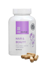 USA Medical Hair & Beauty supplement bottle with capsules, containing biotin and collagen for hair health.