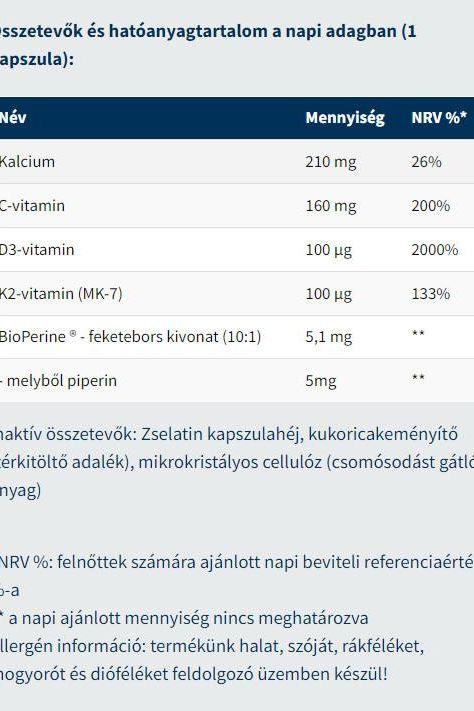 Nutritional information table for USA Medical K2+D3 capsules, detailing ingredients and daily values per capsule.