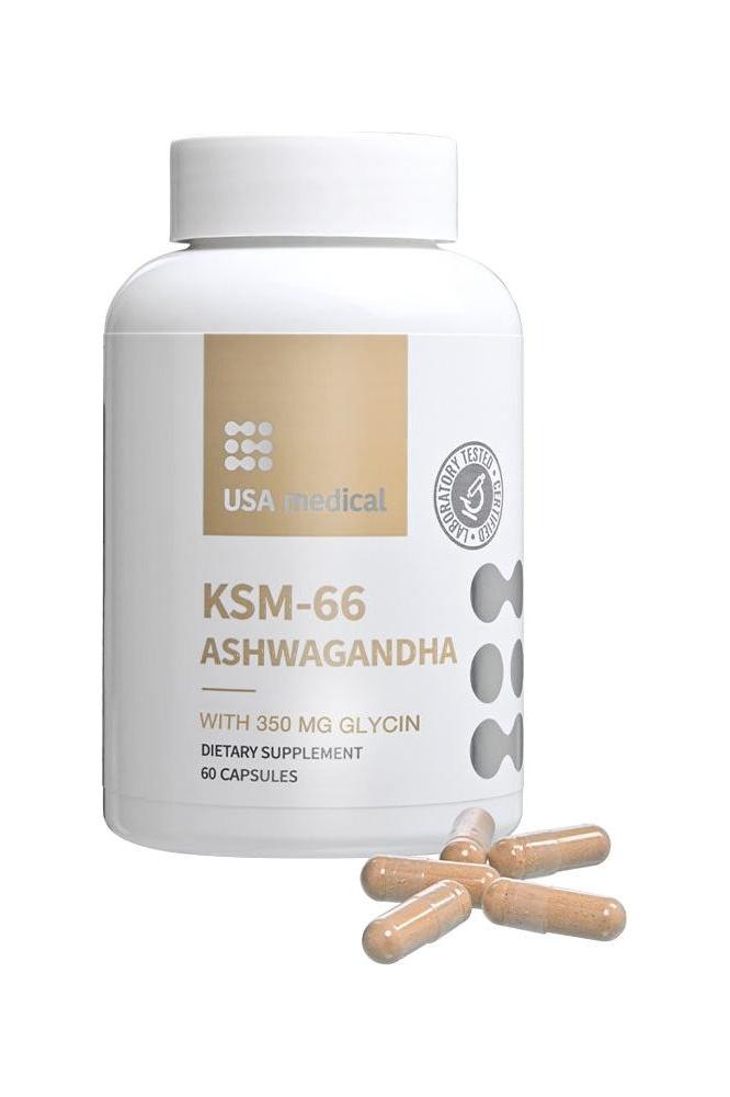USA Medical KSM-66 Ashwagandha 60 capsules dietary supplement for stress relief and vitality.