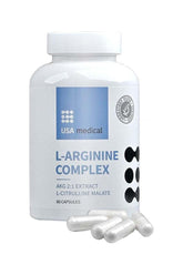 USA Medical L-Arginine Complex bottle with 60 capsules, featuring AKG 2:1 extract and L-Citrulline Malate.