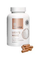USA Medical Lion's Mane capsules with organic mushroom extract, 60 capsules for enhanced absorption.