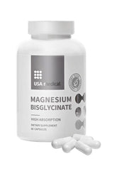 USA Medical Magnesium Bisglycinate dietary supplement, high absorption, 60 capsules bottle with capsules.