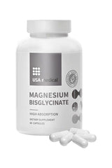 USA Medical Magnesium Bisglycinate dietary supplement, high absorption, 60 capsules bottle with capsules.