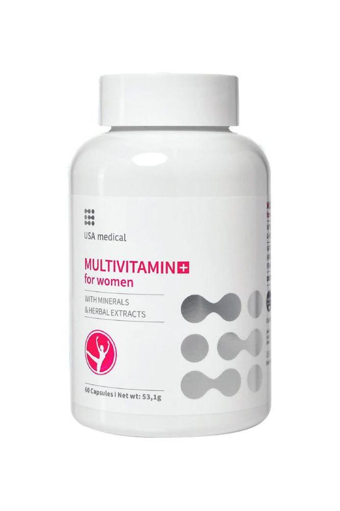 USA Medical Multivitamin for Women bottle containing 60 capsules, enriched with vitamins, minerals, and herbal extracts.