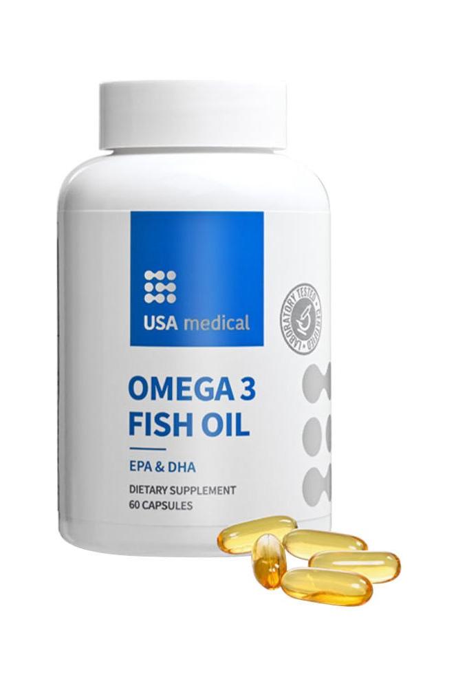 USA Medical Omega 3 Fish Oil supplement bottle with 60 softgels, rich in EPA and DHA, dietary supplement.
