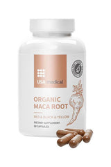 USA Medical Organic Maca Root supplement bottle with 60 capsules, promoting energy and wellness.