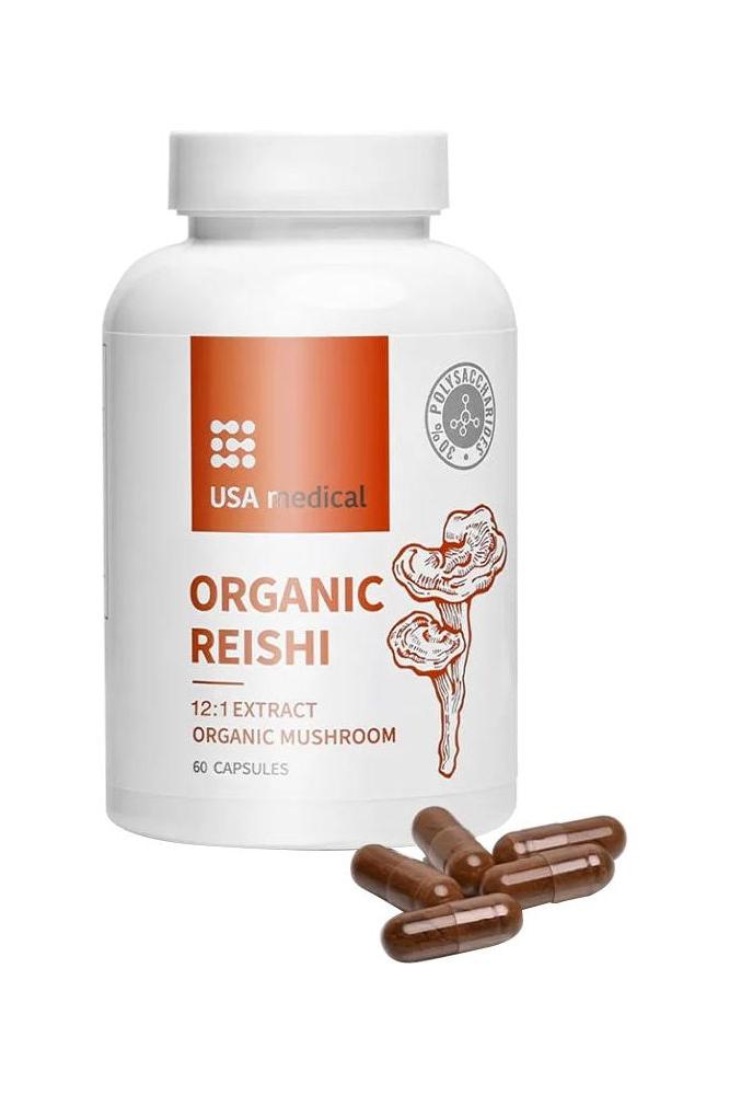USA Medical Organic Reishi capsules bottle with brown capsules, 12:1 extract, 60 count, for health benefits.