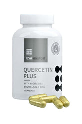 USA Medical Quercetin Plus supplement bottle with 60 capsules containing quercetin, bromelain, and zinc.