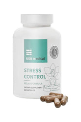 USA Medical Stress Control dietary supplement bottle with 60 capsules for mental balance and stress reduction.