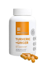USA Medical Turmeric + Ginger supplement bottle with 60 veggie capsules, featuring natural ingredients.