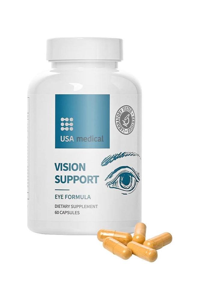 USA Medical Vision Support dietary supplement for eye health, featuring 60 capsules with vitamins and minerals.