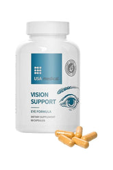 USA Medical Vision Support dietary supplement for eye health, featuring 60 capsules with vitamins and minerals.