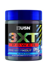 USN 3XT Power Pre-Workout Icy Blue Burst supplement container for enhanced energy and performance.