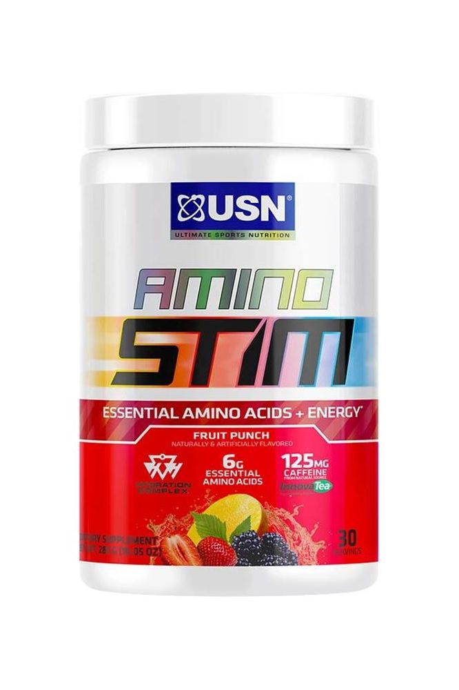 USN AminoSTIM Fruit Punch, featuring 6g essential amino acids and 125mg caffeine for energy and hydration.
