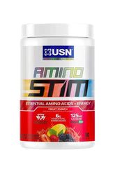 USN AminoSTIM Fruit Punch, featuring 6g essential amino acids and 125mg caffeine for energy and hydration.