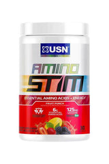 USN AminoSTIM Fruit Punch, featuring 6g essential amino acids and 125mg caffeine for energy and hydration.