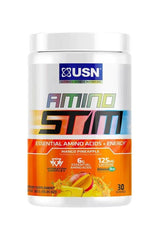 USN AminoSTIM Mango Pineapple, 6g essential amino acids, 125mg caffeine, energy supplement, 30 servings.