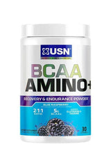 USN BCAA Amino+ powder in Blue Raspberry flavor for muscle recovery and endurance, featuring a 2:1:1 BCAA ratio.