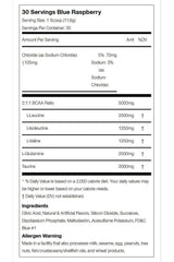 Nutritional information for USN BCAA Amino+, Blue Raspberry flavor, detailing serving size and ingredient composition.
