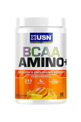 USN BCAA Amino+ supplement container in mango pineapple flavor for muscle recovery and endurance, 30 servings.