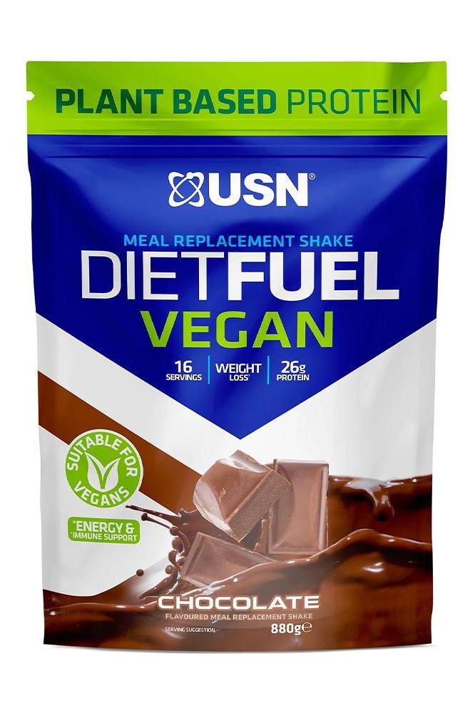 USN Diet Fuel Vegan Meal Replacement Shake, Chocolate flavor, 880g pack, high protein, plant-based for weight loss.