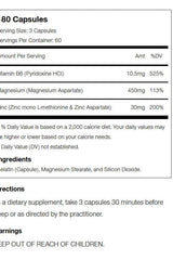 Supplement facts for USN Z-MAG+ showing 180 capsules, vitamins, minerals, and daily values.