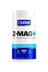USN Z-MAG+ supplement bottle with zinc, magnesium, and vitamin B6 for sleep and recovery support, 180 capsules.