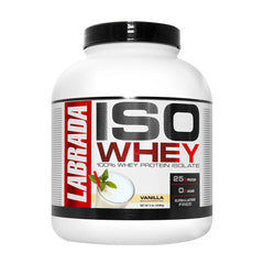 Labrada ISO Whey protein isolate in vanilla flavor, 100% whey, gluten and lactose free, 25g protein per serving.