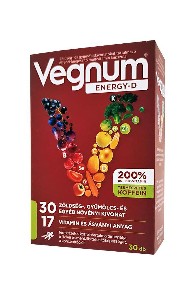 Vegnum Energy-D capsules box featuring vitamins and nutrients for energy and immune support. Vegnum Energy-D capsules box featuring vitamins and nutrients for energy and immune support.
