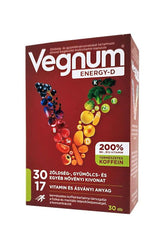 Vegnum Energy-D capsules box featuring vitamins and nutrients for energy and immune support.
