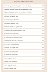 Nutritional information table for Vegnum Multi-D Plus capsules listing vitamins and minerals.