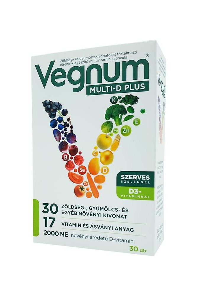 Vegnum Multi-D Plus 30 Capsules packaging featuring vitamins and mineral ingredients for immune support and energy increase.