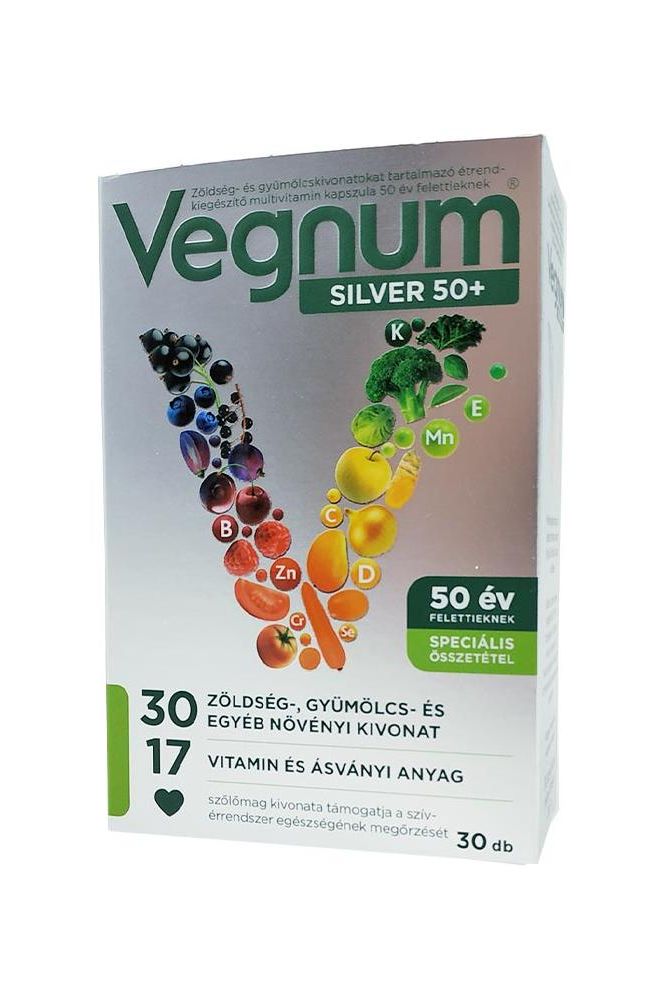 Vegnum Silver 50+ supplement box for seniors, featuring fruits and vegetables, 30 capsules.