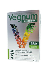 Vegnum Silver 50+ supplement box for seniors, featuring fruits and vegetables, 30 capsules.