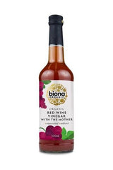 Biona Organic red wine vinegar 500ml in a clear bottle, ideal for salads, sauces, and marinades, made from organic grapes.