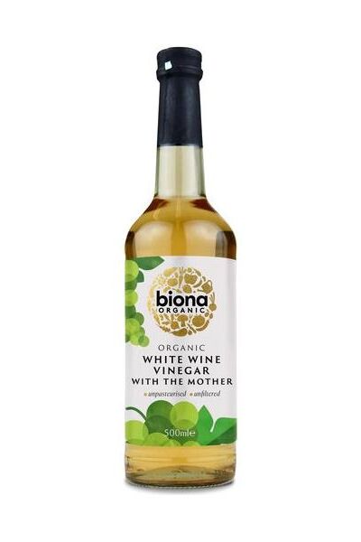 Biona Organic White Wine Vinegar with the Mother in a glass bottle, perfect for salads and marinades.