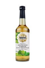 Biona Organic White Wine Vinegar with the Mother in a glass bottle, perfect for salads and marinades.