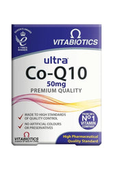 Vitabiotics Ultra Co-Q10 50 mg supplement box, premium quality antioxidant for heart health and energy.