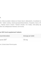 Ingredient list and nutritional information for Vitabiotics Ultra Co-Q10 50 mg food supplement tablets.