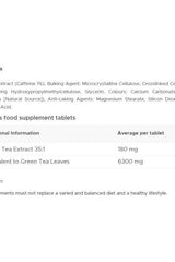 Nutritional information for Vitabiotics Ultra Green Tea supplement tablets, detailing green tea extract and leaf equivalent.