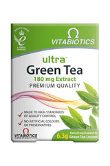 Vitabiotics Ultra Green Tea 30 Tablets packaging featuring 180 mg extract and premium quality label.
